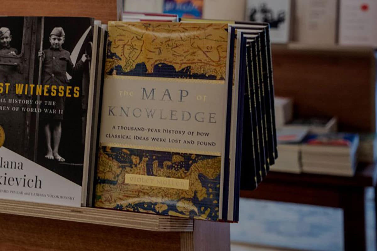 the map of knowledge book copies on display