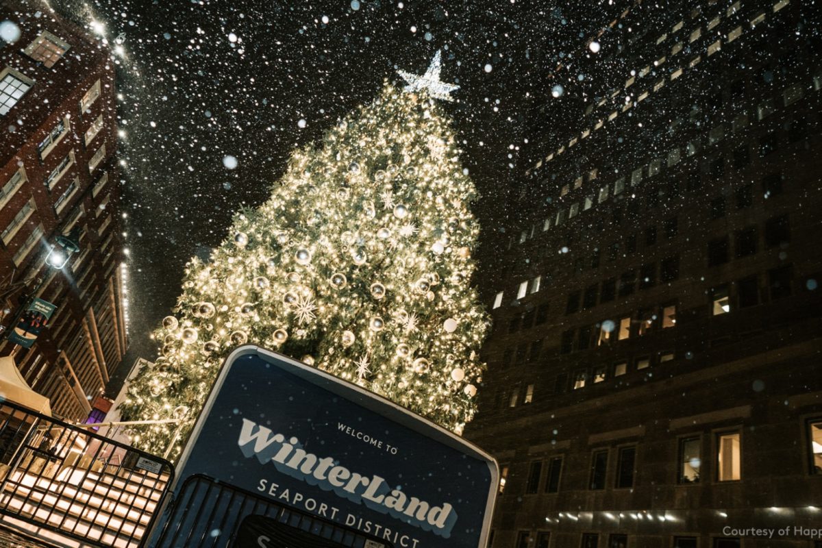 the tree at the seaport district welcomes you to winterland