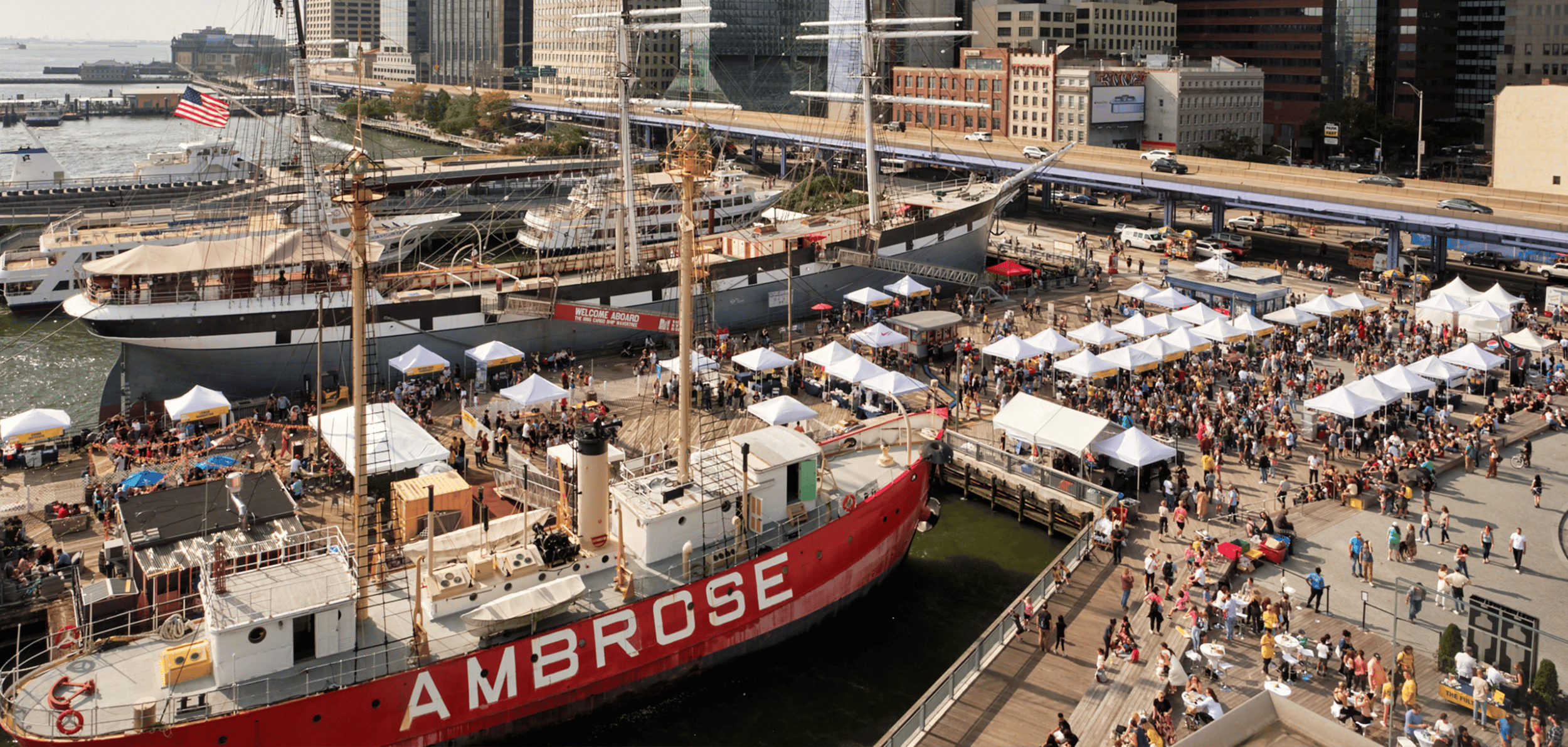 aerial of ship Ambrose and crowd at Taste of the Seaport event