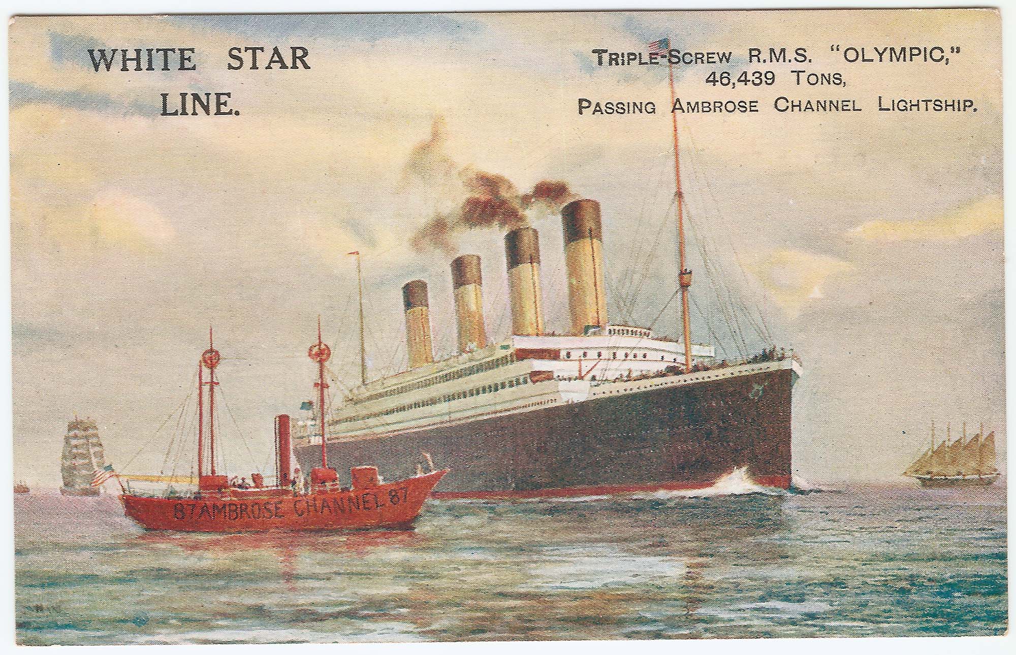 Postcard of the RMS Olympic passing the Ambrose Channel lightship” in 1920