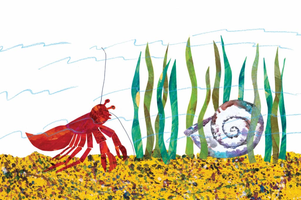 illustration of a crab and a snail on the ocean floor amongst seaweed