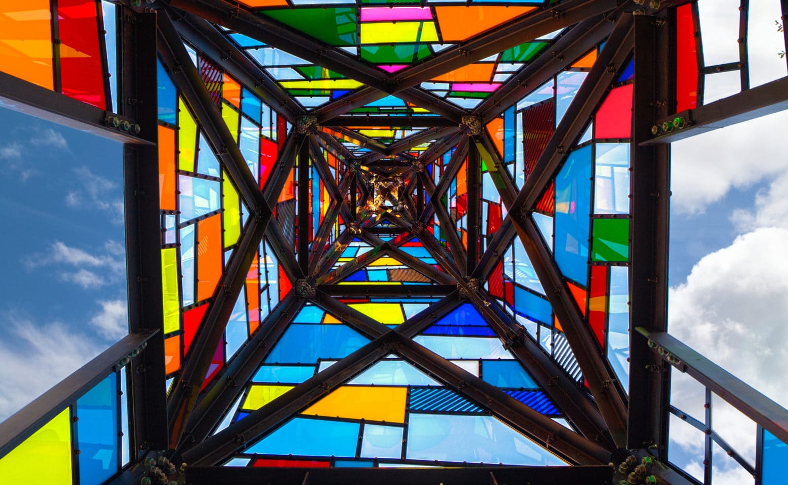 Inside of a stained glass windmill by Tom Fruin
