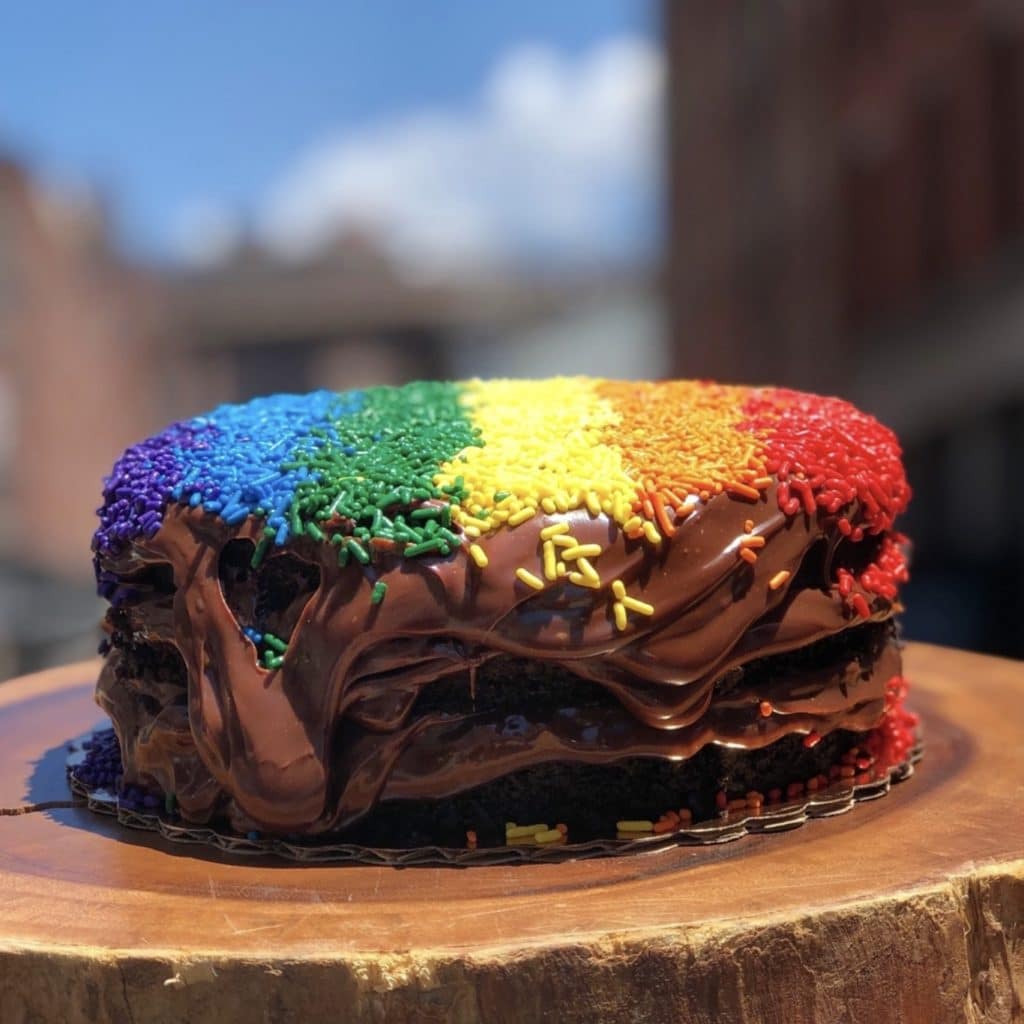 chocolate cake decorated sprinkles in a rainbow pattern