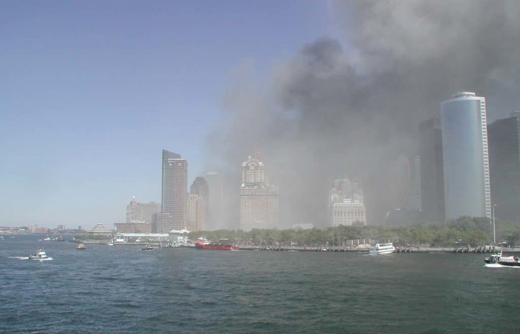 View of Lower Manhattan from the Harbor following September 11th terrorist attack on World Trade Center
