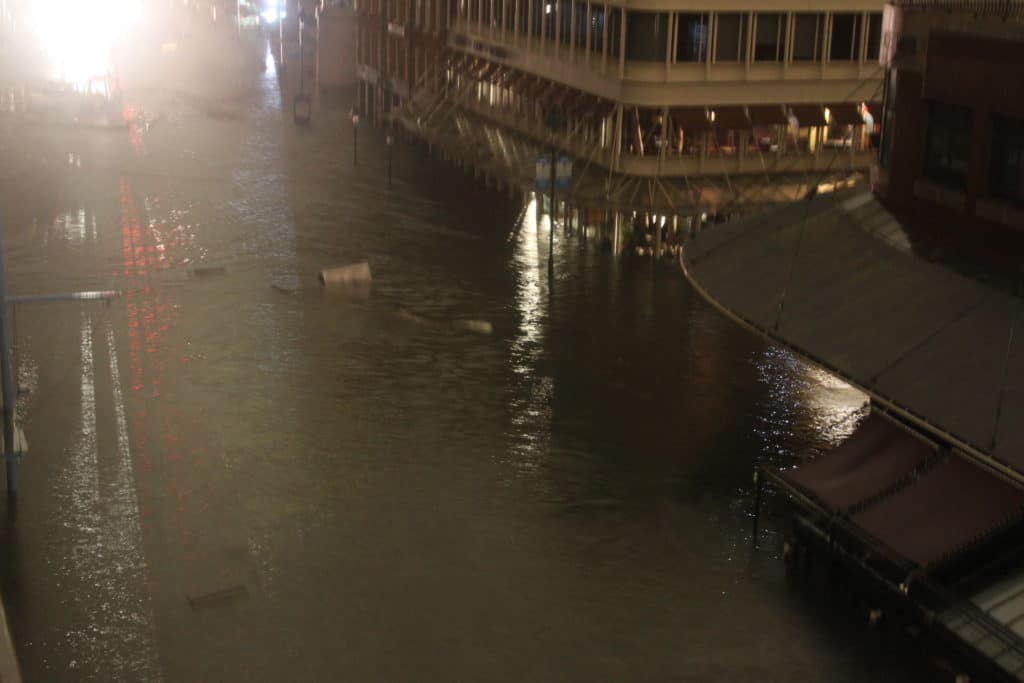 Fulton Street submerged by water during Hurricane Sandy, October 29, 2012.