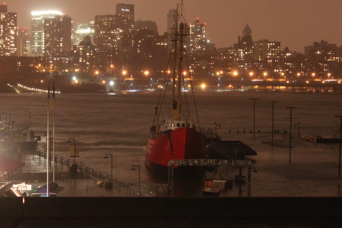 Pier 16, Pier 17 and lightship Ambrose submerged by water during Hurricane Sandy, October 29, 2012.