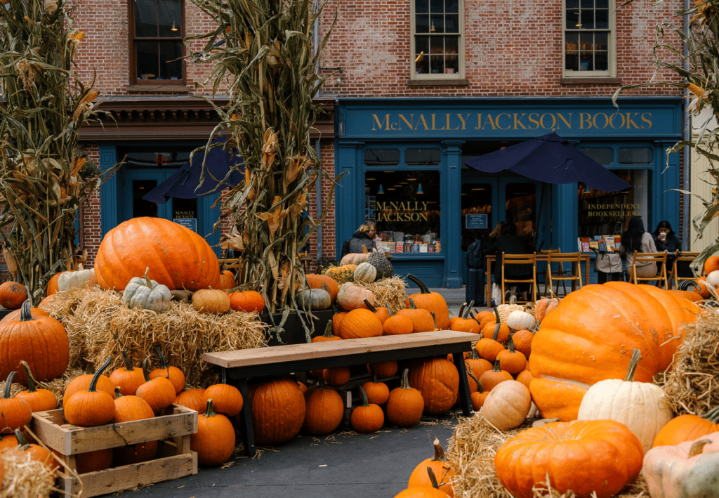Pumpkin installation in front of McNally Jackson store in the Seaport