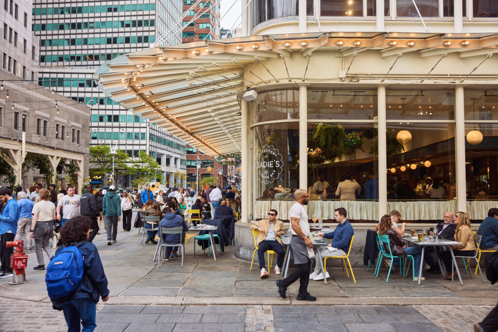 the exterior patio seating at sadie's at the seaport