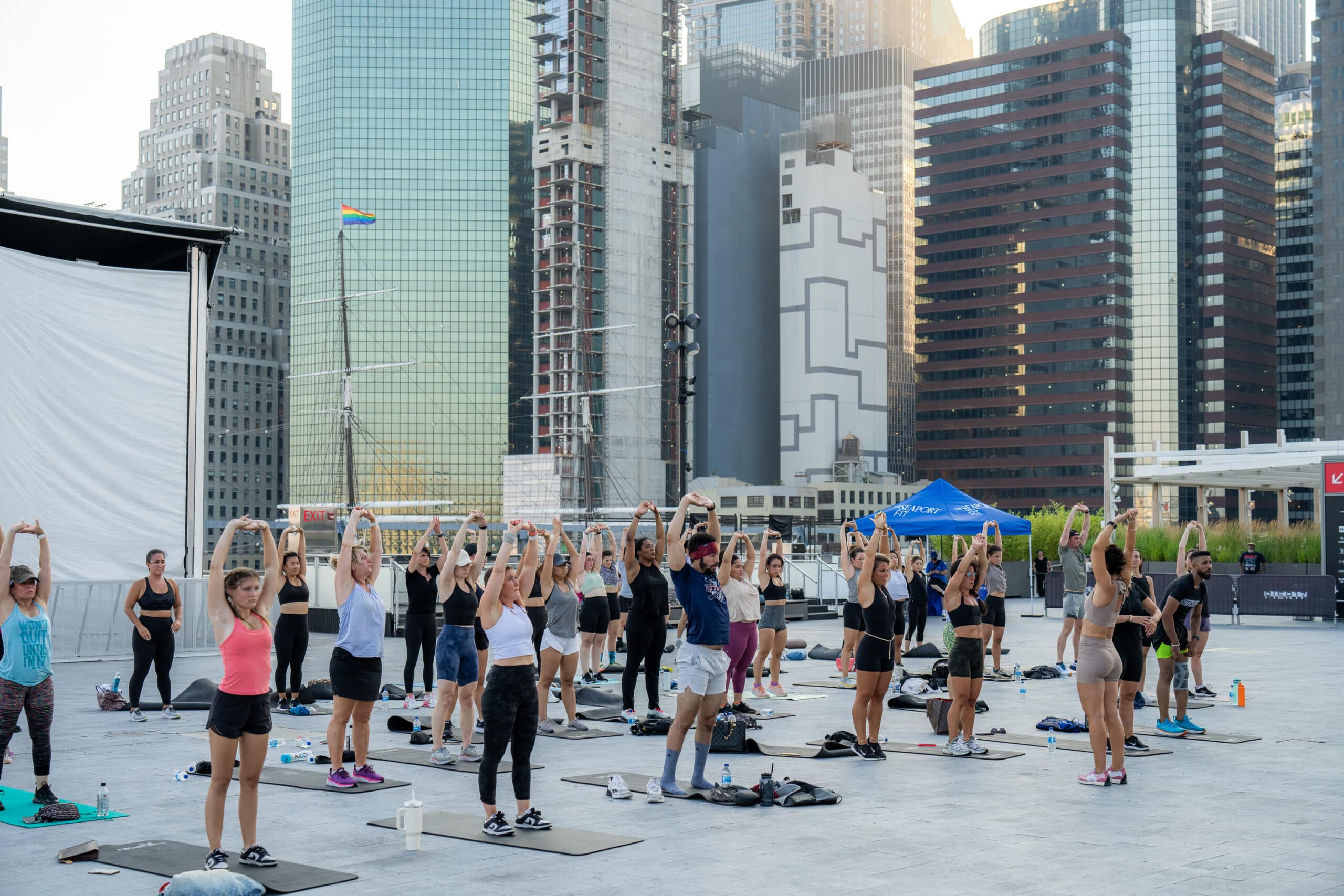 Rachel Fitness class on the Rooftop at Pier 17