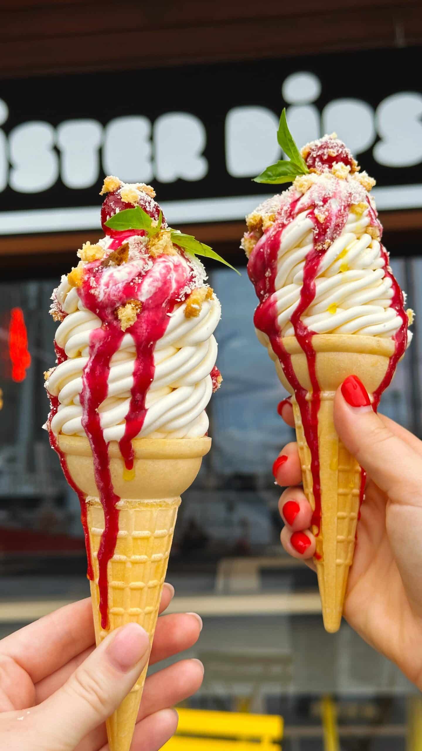 National Ice Cream Day – something to celebrate! Swing by @eatmisterdips to get a taste of their limited edition cone – The Spaghetti Dip made w/ cheesecake soft serve, berry red sauce, amaretti crumbs Available today only.