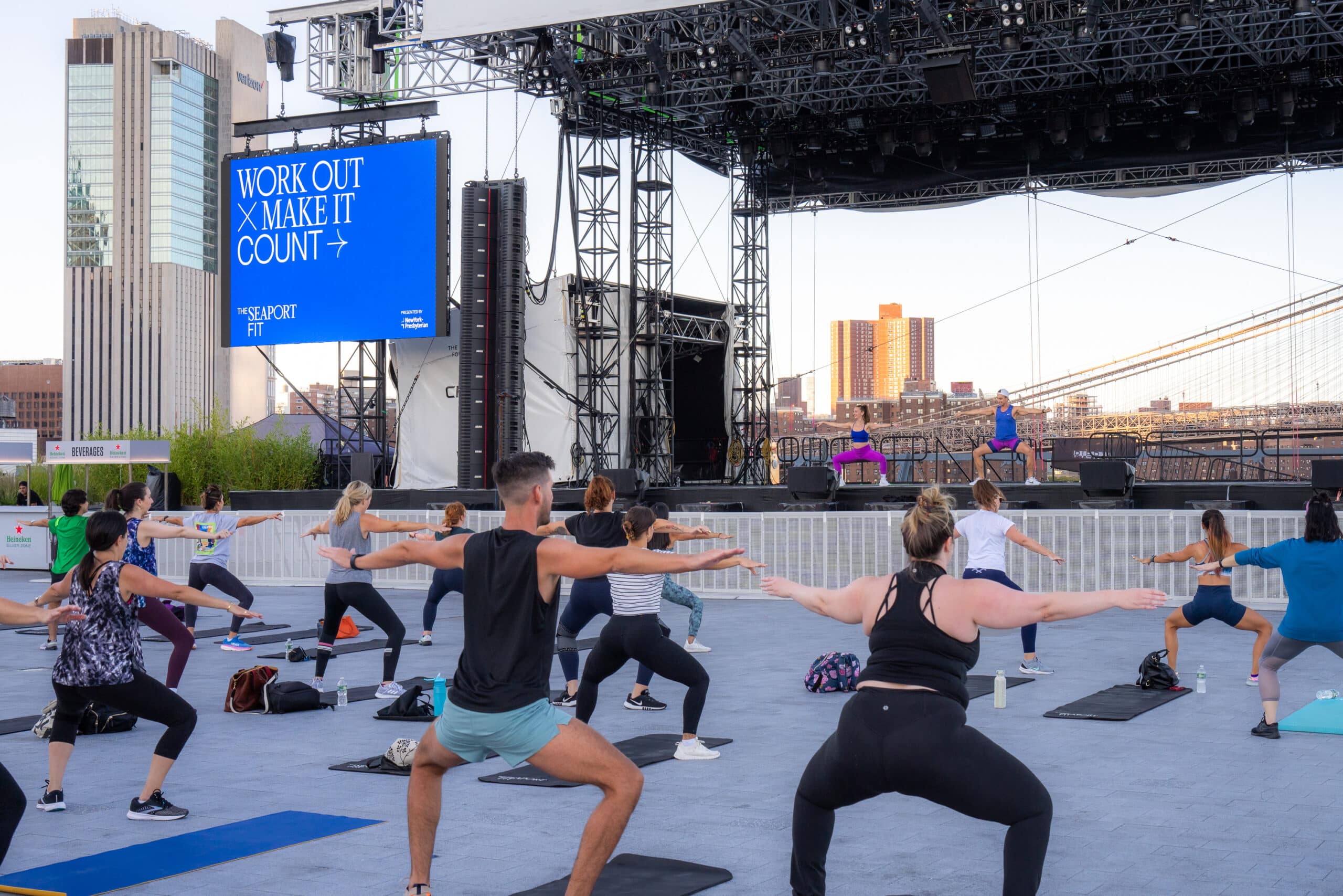 obe fitness class on the Rooftop at Pier 17
