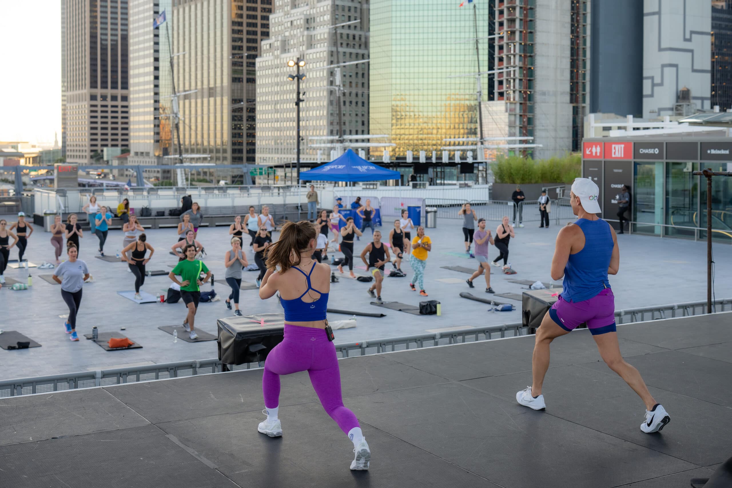 obe fitness class on the rooftop at Pier 17