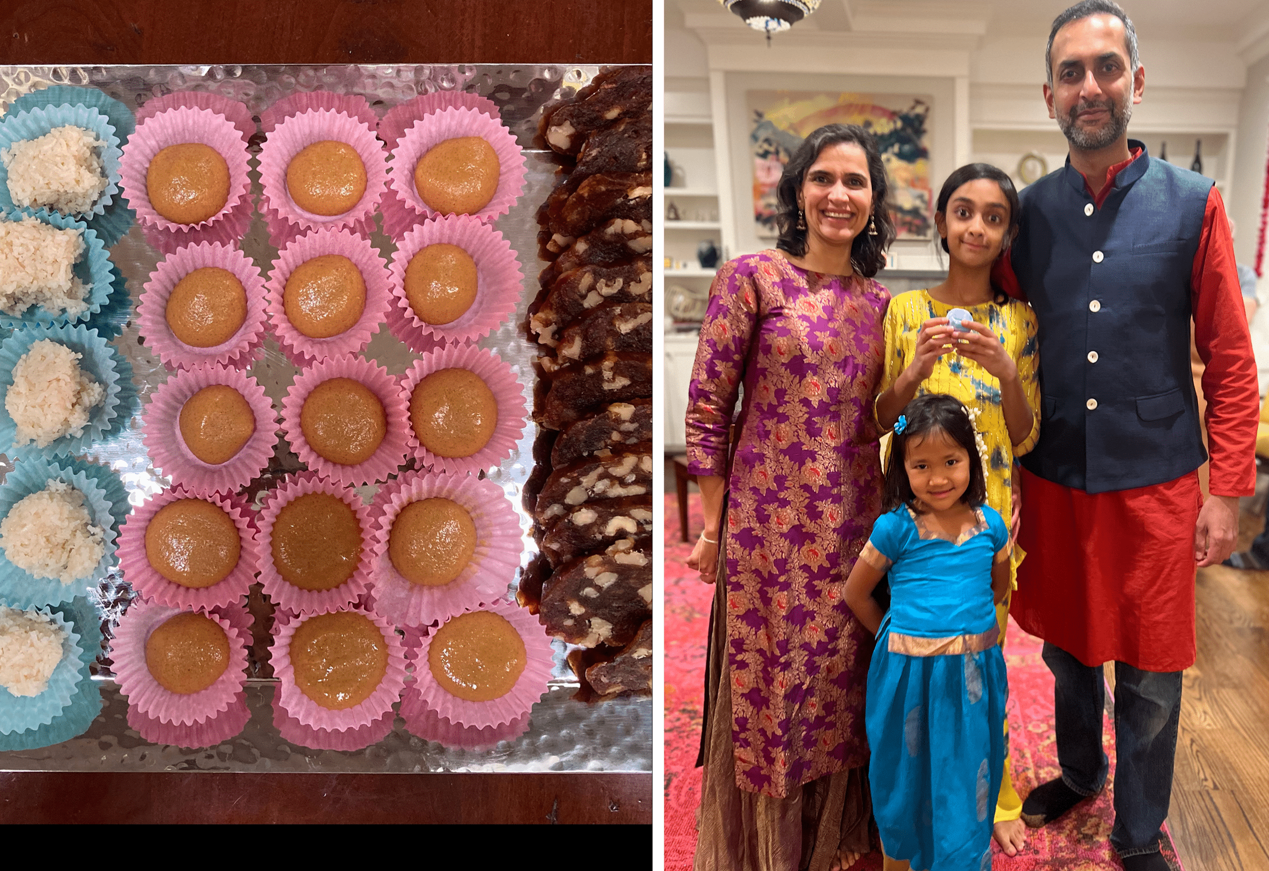 Homemade mithai for distributing to friends as a Diwali gift. Leela and sister Indra with their mom and dad, all dressed up for Diwali.