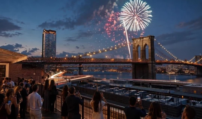 fireworks over the brooklyn bridge, as seen from the terrace at hotel 33 at the seaport