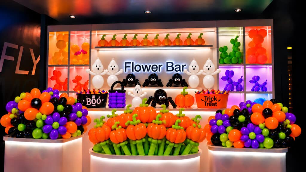 a gift shop display at the balloon museum with various halloween themed balloons