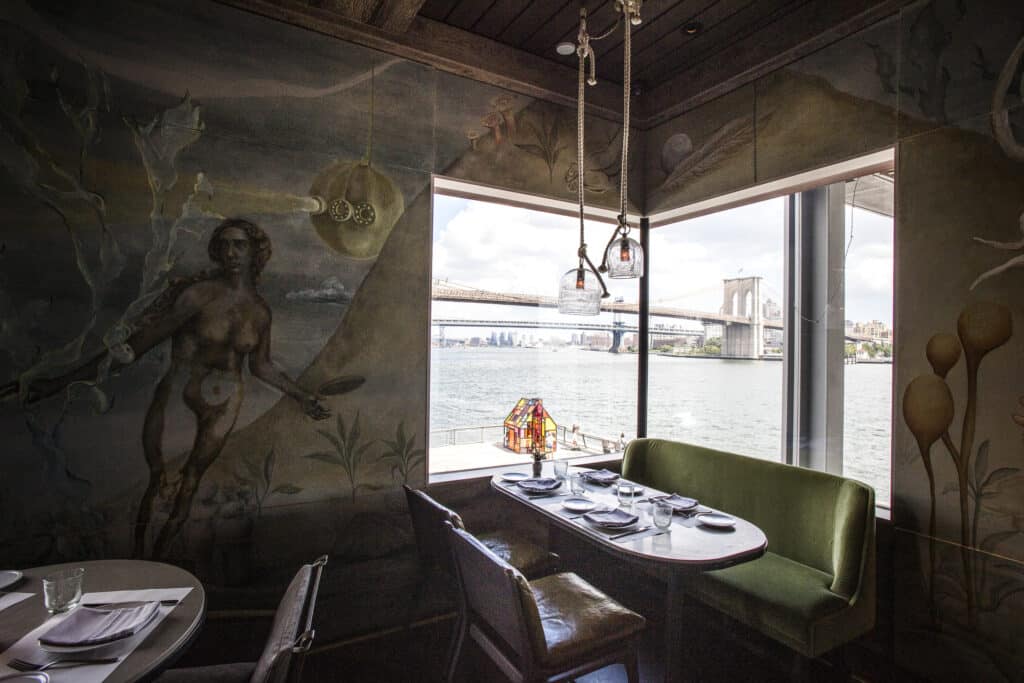 the corner booth at the fulton, which overlooks the brooklyn bridge