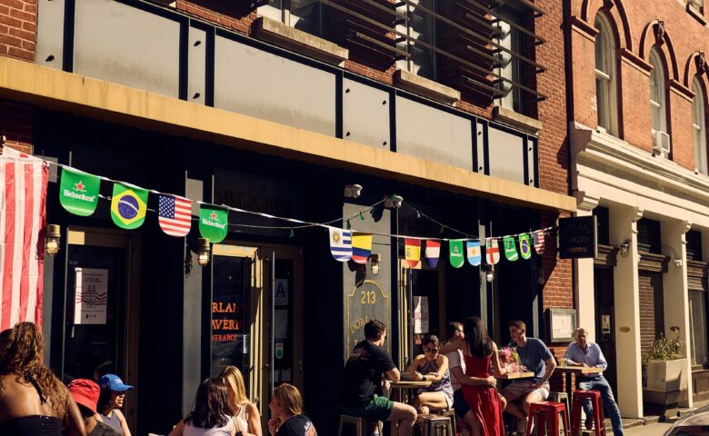 exterior sidewalk seating outdoors at dorlan's tavern