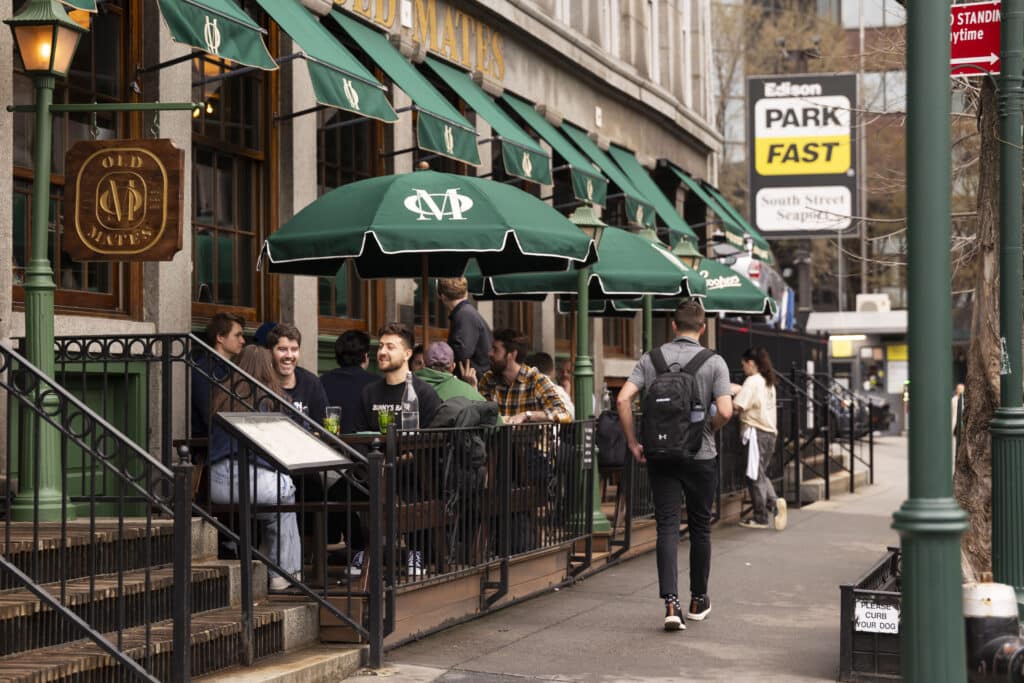 outdoor seating at old mates australian pub at the seaport
